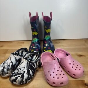 Kids Crocs and Rain Boots Bundle Lot Dinosaur Print - Pink Glitter - Tie Dye